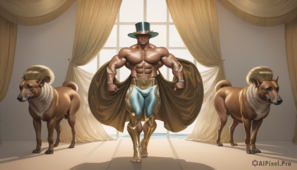 solo,looking at viewer,1boy,hat,standing,male focus,horns,pants,indoors,cape,window,muscular,animal,abs,pectorals,curtains,muscular male,bara,backlighting,walking,topless male,dog,top hat,manly,jewelry,closed mouth,full body,belt,signature,shadow,facial hair,large pectorals,horse,goat