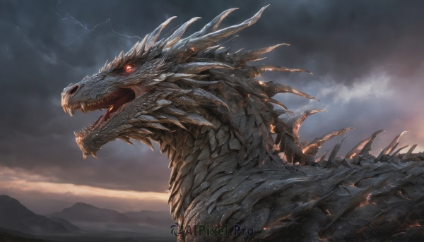 solo,open mouth,red eyes,tail,outdoors,sky,teeth,tongue,cloud,no humans,glowing,fangs,cloudy sky,sharp teeth,glowing eyes,claws,monster,mountain,dragon,scales,lightning,kaijuu,multiple heads,horns,from side,scenery,spikes,fantasy