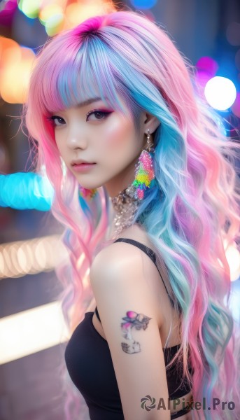 1girl,solo,long hair,breasts,looking at viewer,bangs,bare shoulders,brown eyes,jewelry,closed mouth,blue hair,upper body,pink hair,multicolored hair,earrings,small breasts,sleeveless,choker,necklace,blurry,black eyes,from side,two-tone hair,lips,looking to the side,eyelashes,tattoo,makeup,depth of field,blurry background,wavy hair,lipstick,gem,lens flare,eyeshadow,pink lips,realistic,nose,arm tattoo,shoulder tattoo,bokeh,mascara,medium breasts,outdoors,parted lips,artist name,blunt bangs,pink eyes,bra,gradient hair,watermark,web address,camisole,eyeliner