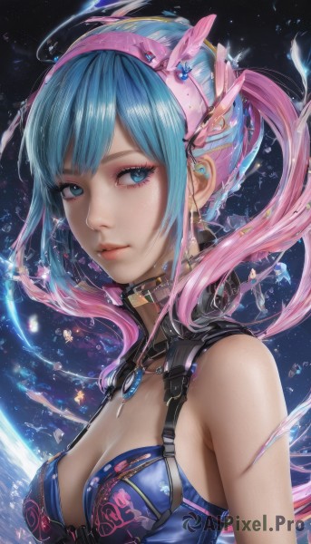 1girl,solo,long hair,breasts,looking at viewer,smile,bangs,blue eyes,hair ornament,cleavage,bare shoulders,twintails,jewelry,medium breasts,closed mouth,blue hair,upper body,pink hair,multicolored hair,hairband,earrings,choker,necklace,from side,two-tone hair,lips,looking to the side,eyelashes,makeup,gem,pink lips,realistic,nose,underwear,swimsuit,ponytail,sidelocks,bikini,parted lips,sleeveless,artist name,signature,bra,collar,gradient hair,floating hair,headgear,watermark,expressionless,pendant,eyeshadow,water drop,eyeliner,mascara