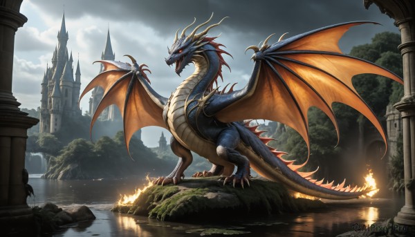 HQ,solo,open mouth,red eyes,tail,outdoors,wings,horns,sky,teeth,day,cloud,water,tree,no humans,fangs,cloudy sky,fire,sharp teeth,scenery,claws,reflection,mountain,fantasy,dragon,scales,ruins,pillar,river,castle,dragon wings,lake,breathing fire,glowing,nature,spikes,flame