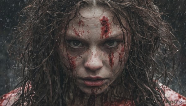 1girl,solo,long hair,looking at viewer,brown hair,black hair,closed mouth,black eyes,lips,wet,grey eyes,blood,messy hair,portrait,close-up,freckles,rain,injury,blood on face,blood on clothes,weapon,sword,eyelashes,makeup,wavy hair,serious,realistic,red lips,blood splatter