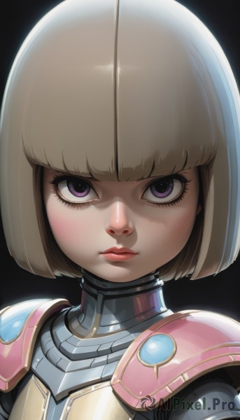 1girl,solo,looking at viewer,short hair,bangs,blonde hair,simple background,brown hair,closed mouth,purple eyes,upper body,blunt bangs,armor,lips,eyelashes,bodysuit,makeup,bob cut,black background,portrait,lipstick