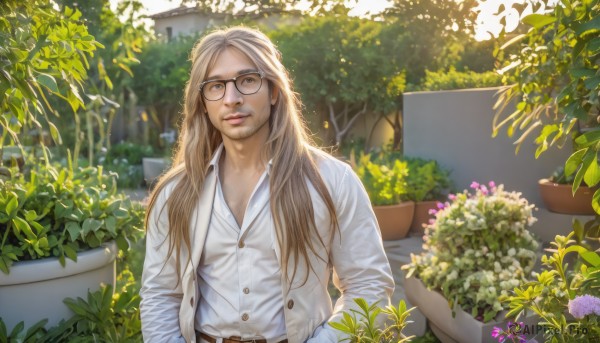 solo,long hair,looking at viewer,smile,blonde hair,brown hair,shirt,long sleeves,1boy,brown eyes,white shirt,upper body,flower,male focus,outdoors,parted lips,glasses,solo focus,day,collared shirt,belt,tree,lips,dress shirt,buttons,facial hair,sunlight,plant,beard,black-framed eyewear,realistic,nose,potted plant,brown belt,partially unbuttoned,flower pot,garden,jacket,open clothes,blurry,pov,stubble