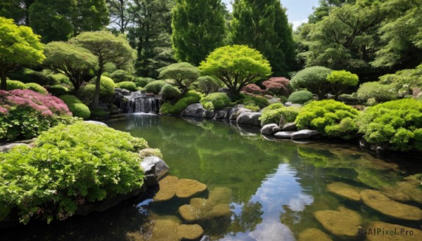 outdoors,sky,day,water,tree,no humans,grass,cherry blossoms,nature,scenery,forest,reflection,rock,bridge,river,waterfall,landscape,moss,pond,stream,cloud,blue sky,bush