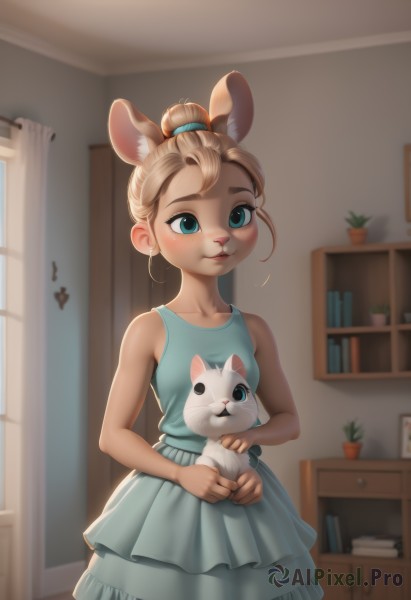 1girl,solo,blush,smile,blue eyes,blonde hair,brown hair,dress,holding,animal ears,bare shoulders,closed mouth,standing,collarbone,ponytail,cowboy shot,small breasts,sleeveless,artist name,indoors,blurry,aqua eyes,animal ear fluff,book,bare arms,window,sleeveless dress,blurry background,blue dress,animal,single hair bun,cat,plant,child,furry,mouse ears,furry female,bookshelf,female child,potted plant,holding animal,animal nose,mouse,whiskers,mouse girl,aqua dress,jewelry,earrings,hair bun,aged down,curtains,updo