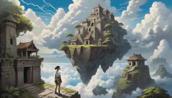 1girl,solo,short hair,brown hair,shirt,black hair,standing,white shirt,short sleeves,boots,outdoors,sky,shorts,day,cloud,dark skin,from behind,black footwear,tree,blue sky,cloudy sky,grass,plant,green skirt,building,scenery,stairs,mountain,fantasy,architecture,ruins,wide shot,green shorts,castle,tower,cliff,overgrown,floating island,skirt,ponytail,socks,bag,from side,profile,brown footwear,short ponytail,rock,east asian architecture,brown shorts,waterfall,moss