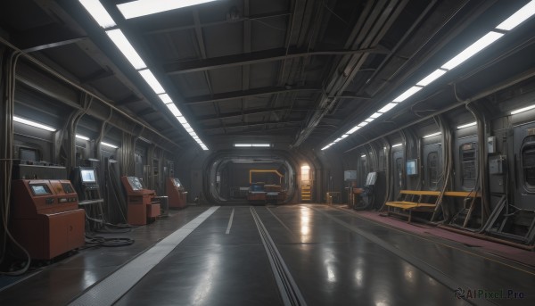 indoors,no humans,window,ground vehicle,box,scenery,reflection,science fiction,light,cable,train,ceiling light,train station,railroad tracks,reflective floor,seat,bottle,realistic