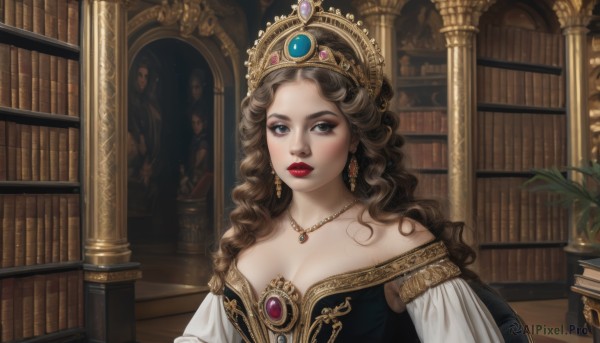 1girl,solo,long hair,breasts,looking at viewer,blue eyes,brown hair,dress,cleavage,bare shoulders,jewelry,medium breasts,closed mouth,upper body,earrings,detached sleeves,indoors,necklace,off shoulder,lips,grey eyes,book,makeup,wavy hair,chair,tiara,crown,plant,lipstick,gem,pendant,eyeshadow,curly hair,gold trim,bookshelf,red lips,potted plant,book stack,library,large breasts,brown eyes,realistic,red gemstone