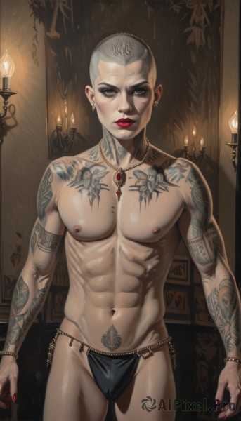 solo,looking at viewer,short hair,1boy,navel,jewelry,closed mouth,underwear,nipples,standing,grey hair,male focus,cowboy shot,earrings,artist name,indoors,necklace,stomach,nail polish,bracelet,lips,tattoo,makeup,muscular,piercing,abs,fire,pectorals,lipstick,muscular male,bara,red nails,bulge,topless male,realistic,red lips,candle,arm tattoo,very short hair,chest tattoo,leg tattoo,briefs,buzz cut,blush,brown eyes,thighs,thick eyebrows,ear piercing,large pectorals,male underwear,shoulder tattoo,facial tattoo,neck tattoo