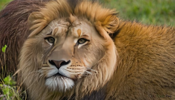 solo,looking at viewer,brown eyes,closed mouth,outdoors,lying,day,blurry,no humans,blurry background,animal,fangs,cat,grass,close-up,realistic,animal focus,whiskers,brown fur,lion,signature,depth of field,looking up,plant