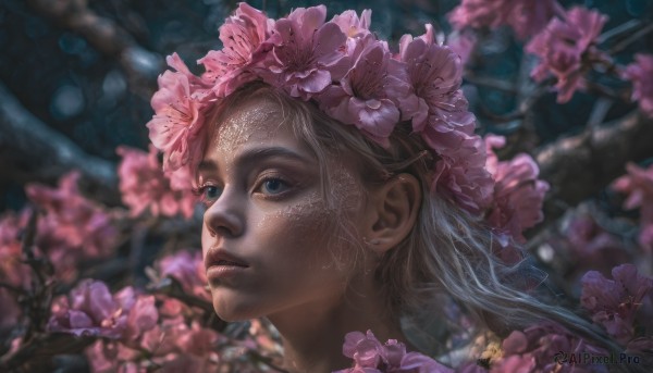 1girl, solo, long hair, blue eyes, hair ornament, jewelry, flower, earrings, hair flower, blurry, lips, depth of field, portrait, pink flower, realistic, nose