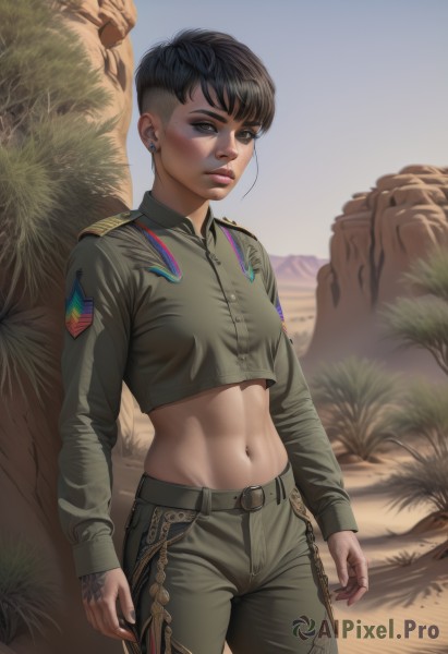 1girl,solo,breasts,looking at viewer,short hair,shirt,black hair,long sleeves,navel,brown eyes,jewelry,standing,cowboy shot,earrings,small breasts,outdoors,parted lips,sky,day,midriff,belt,pants,stomach,uniform,black eyes,tree,lips,crop top,military,military uniform,tattoo,makeup,black belt,realistic,nose,arms at sides,stud earrings,very short hair,undercut,green pants,desert,bangs,dark skin,nail polish,dark-skinned female,piercing,abs,lipstick,eyeshadow,cropped jacket,toned,eyeliner,dirty,cropped shirt