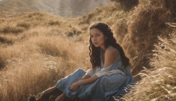 1girl,solo,long hair,looking at viewer,brown hair,dress,bare shoulders,brown eyes,sitting,closed mouth,outdoors,barefoot,sleeveless,dark skin,from side,dark-skinned female,lips,looking to the side,blue dress,wavy hair,sunlight,grass,nature,scenery,curly hair,realistic,nose,field,skirt,braid,white dress,blue skirt,feet out of frame,on ground,dirty