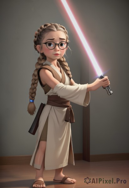 1girl,solo,long hair,looking at viewer,brown hair,holding,twintails,brown eyes,closed mouth,standing,full body,weapon,braid,detached sleeves,glasses,sword,holding weapon,twin braids,sash,toes,holding sword,sandals,thick eyebrows,aged down,child,forehead,black-framed eyewear,round eyewear,female child,energy sword,lightsaber,blush,indoors,lips,brown footwear,science fiction,robe,tunic,white robe