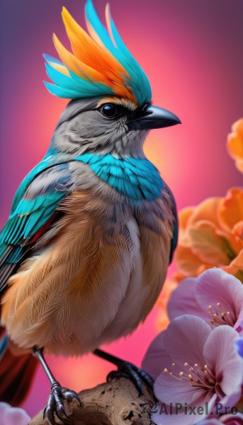 solo,looking at viewer,blue eyes,flower,outdoors,sky,blurry,no humans,bird,animal,pink background,feathers,pink flower,realistic,purple flower,animal focus,talons,beak,standing,cloud,pokemon (creature),blue feathers