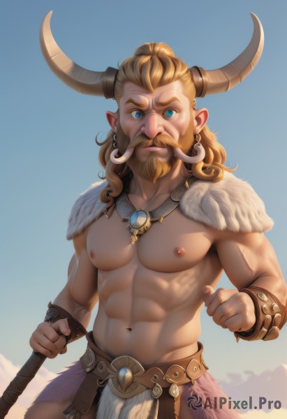 solo,long hair,looking at viewer,blue eyes,blonde hair,1boy,navel,holding,jewelry,nipples,standing,weapon,male focus,cowboy shot,earrings,outdoors,horns,sky,pointy ears,necklace,stomach,holding weapon,fur trim,muscular,facial hair,abs,pectorals,muscular male,bara,pelvic curtain,beard,large pectorals,topless male,mature male,mustache,bare pectorals,loincloth,tooth necklace,realistic