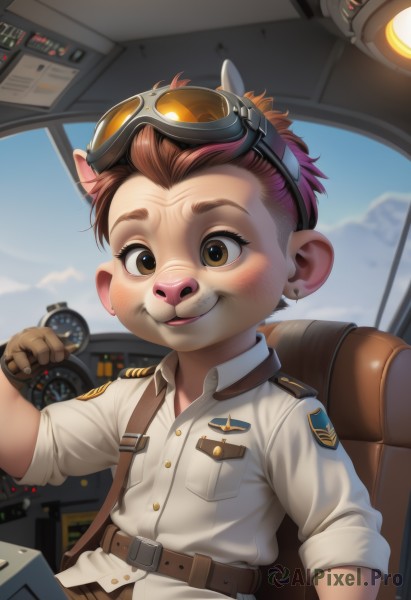 solo,looking at viewer,smile,short hair,brown hair,shirt,gloves,1boy,animal ears,brown eyes,jewelry,sitting,white shirt,male focus,earrings,sky,day,collared shirt,belt,blue sky,goggles,child,furry,sleeves rolled up,goggles on head,watch,aircraft,wristwatch,furry male,male child,deer ears,cockpit,patch,blush,open mouth,upper body,teeth,artist name,extra ears,freckles,pocket,mountain,bandaid on face,cyberpunk,pilot