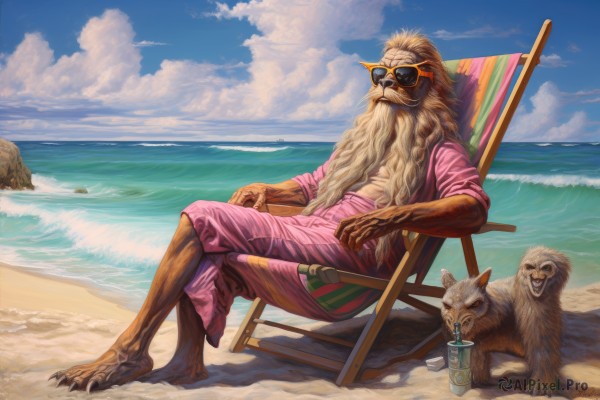 solo,long hair,blonde hair,shirt,1boy,sitting,white hair,male focus,outdoors,open clothes,sky,shorts,barefoot,day,cloud,water,cup,blue sky,muscular,facial hair,ocean,animal,chair,beach,abs,sunglasses,crossed legs,claws,beard,dog,drinking straw,mustache,sand,drink,drinking,old,old man,bird,scar,bottle,rock,realistic,horizon,wolf,monkey,beach chair