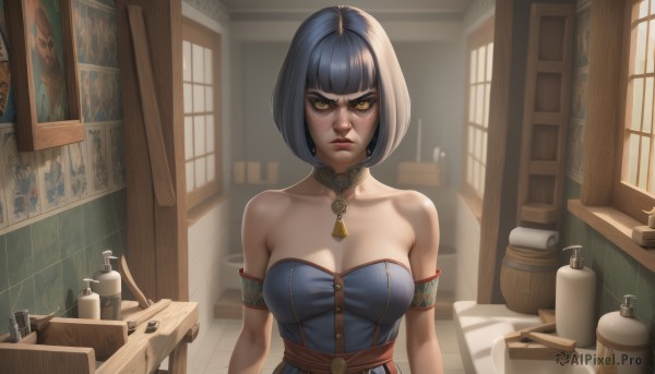 1girl,solo,breasts,looking at viewer,blush,short hair,bangs,large breasts,black hair,dress,cleavage,bare shoulders,jewelry,medium breasts,closed mouth,blue hair,collarbone,yellow eyes,upper body,white hair,multicolored hair,choker,indoors,blunt bangs,two-tone hair,lips,sash,window,strapless,makeup,blue dress,table,sunlight,bob cut,strapless dress,armlet,wooden floor,day,artist name,necklace,frown,bottle,armband,bathroom,shelf,kitchen,soap bottle