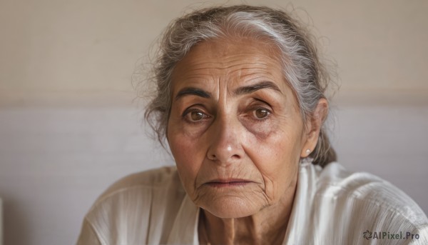 1girl,solo,looking at viewer,shirt,1boy,brown eyes,jewelry,closed mouth,white shirt,upper body,grey hair,male focus,earrings,indoors,blurry,blurry background,portrait,realistic,old,old man,old woman,wrinkled skin,mole,lips,facial hair,messy hair