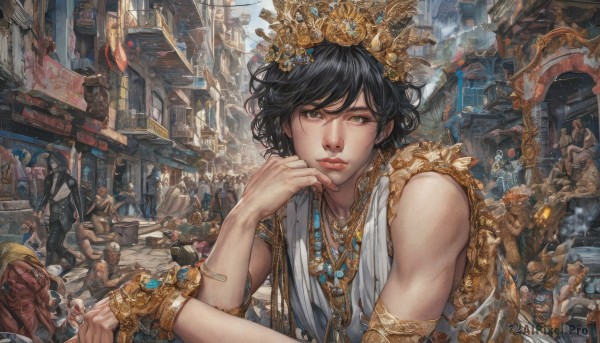 1girl,looking at viewer,short hair,bangs,multiple girls,black hair,hair ornament,dress,bare shoulders,brown eyes,jewelry,sitting,closed mouth,green eyes,weapon,outdoors,multiple boys,sky,sleeveless,solo focus,day,necklace,armor,black eyes,bracelet,lips,heterochromia,tiara,crown,building,gem,armlet,6+boys,head rest,city,realistic,flag,architecture,statue,crowd,banner,people,hat,earrings,parted lips,food,chain,6+girls,ring,fantasy,bangle,road,riding,bald,hand on own chin,street