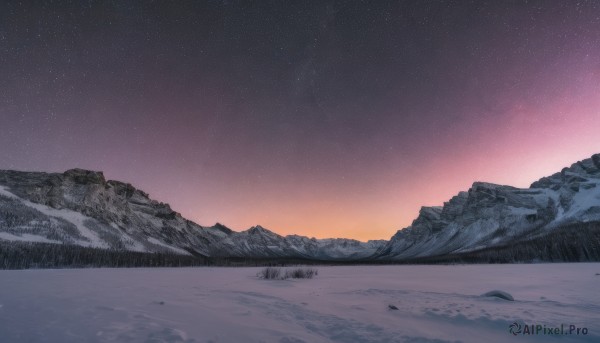 outdoors,sky,tree,no humans,night,star (sky),nature,night sky,scenery,snow,starry sky,sunset,mountain,winter,landscape,mountainous horizon,gradient sky,water,reflection,horizon