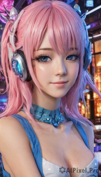 1girl,solo,long hair,breasts,looking at viewer,smile,bangs,blue eyes,cleavage,bare shoulders,medium breasts,closed mouth,collarbone,upper body,pink hair,choker,blurry,lips,eyelashes,makeup,headphones,tank top,freckles,realistic,nose,animal ear headphones,cat ear headphones,android