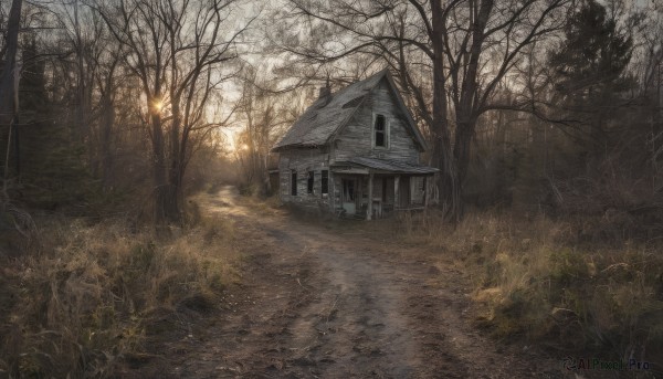 outdoors,tree,no humans,window,grass,building,nature,scenery,forest,fence,door,road,house,lamppost,bare tree,path,sunlight,shrine