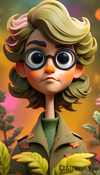 1girl,solo,looking at viewer,short hair,blonde hair,shirt,closed mouth,jacket,upper body,multicolored hair,outdoors,glasses,artist name,signature,blurry,uniform,black eyes,military,military uniform,blurry background,frown,leaf,plant,goggles,freckles,green shirt,bangs,blue eyes,brown hair,lips,depth of field,portrait,genderswap,nose,world war ii