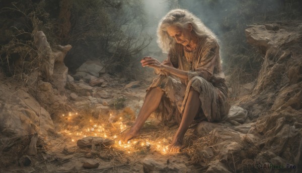 1girl,solo,long hair,1boy,jewelry,sitting,closed eyes,white hair,male focus,barefoot,necklace,tree,facial hair,nature,robe,rock,old,silk,spider web,dress,holding,outdoors,glowing,looking down,own hands together,grass,plant,beard,on ground,old man,old woman