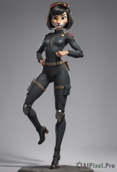 1girl,solo,breasts,looking at viewer,smile,short hair,bangs,simple background,black hair,long sleeves,medium breasts,standing,full body,small breasts,boots,teeth,belt,artist name,signature,medium hair,grey background,black footwear,grin,uniform,black eyes,high heels,gradient,military,gradient background,bodysuit,military uniform,makeup,swept bangs,leg up,bob cut,standing on one leg,thick eyebrows,goggles,skin tight,buckle,clenched hands,zipper,high heel boots,goggles on head,hands on hips,pouch,belt buckle,holster,zipper pull tab,knee pads,belt pouch,thigh pouch,armor,mole,hand on hip,mole under eye,sunglasses,furry,science fiction,armored boots,police,police uniform