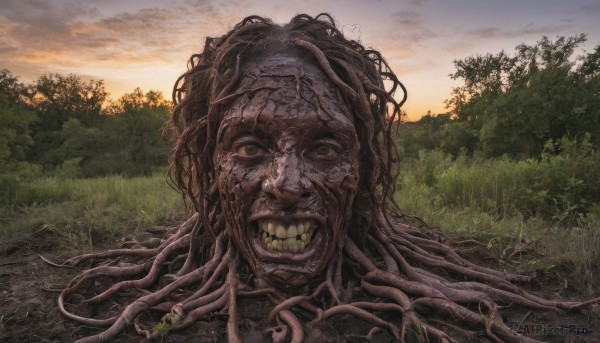 solo,looking at viewer,outdoors,sky,teeth,cloud,tree,no humans,cloudy sky,grass,plant,nature,scenery,tentacles,forest,monster,realistic,horror (theme),eldritch abomination,smile,grin,black eyes,clenched teeth,sunset