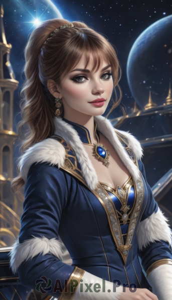 1girl,solo,long hair,breasts,looking at viewer,smile,brown hair,long sleeves,dress,cleavage,brown eyes,jewelry,medium breasts,upper body,ponytail,earrings,sky,signature,necklace,lips,coat,fur trim,makeup,night,moon,lipstick,gem,star (sky),starry sky,realistic,nose,space,fur-trimmed sleeves,planet,blue coat,earth (planet),bangs,artist name,blue dress,eyeshadow