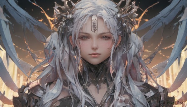 1girl,solo,long hair,looking at viewer,bangs,hair ornament,twintails,closed mouth,upper body,white hair,grey hair,wings,armor,lips,grey eyes,facial mark,portrait,forehead mark,parted lips,crown,shoulder armor,realistic,fantasy