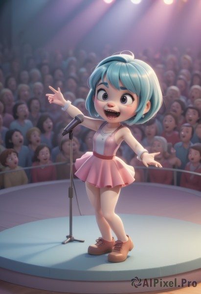 1girl,breasts,smile,short hair,open mouth,bangs,blue eyes,dress,bare shoulders,jewelry,blue hair,standing,full body,:d,hairband,earrings,small breasts,boots,multiple boys,teeth,sleeveless,solo focus,bracelet,grey eyes,aqua hair,brown footwear,short dress,aged down,black hairband,sharp teeth,pointing,wristband,child,pink dress,microphone,6+boys,music,female child,singing,idol,microphone stand,crowd,stage,spotlight,stage lights,multiple girls,shoes,v,audience