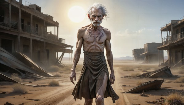 HQ,solo,looking at viewer,1boy,standing,collarbone,white hair,male focus,outdoors,sky,teeth,day,tattoo,muscular,facial hair,scar,abs,sunlight,pectorals,muscular male,building,beard,scar on face,topless male,injury,realistic,mustache,sand,arms at sides,sun,watercraft,manly,ruins,old,old man,loincloth,desert,dust,midriff sarashi,closed mouth,weapon,torn clothes,blood,wind,backlighting,sunset,bald,ship,scar on chest,debris,sunrise