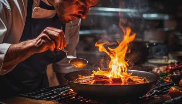 solo,short hair,shirt,1boy,holding,upper body,male focus,food,indoors,blurry,apron,muscular,blurry background,facial hair,fire,muscular male,steam,bara,beard,sleeves rolled up,mature male,realistic,spoon,stubble,manly,cooking,holding spoon,arm hair,black apron,closed mouth,closed eyes,white shirt,black shirt,depth of field,looking down,smoke,bowl,head out of frame,kitchen