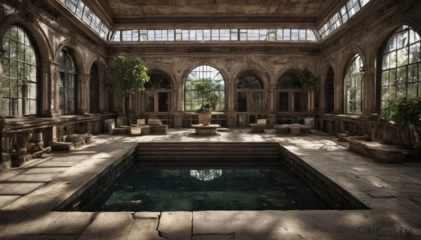 outdoors,day,indoors,water,tree,no humans,window,sunlight,plant,building,scenery,stairs,architecture,ruins,bridge,pillar,lily pad,arch,column,chair,table,wooden floor,potted plant