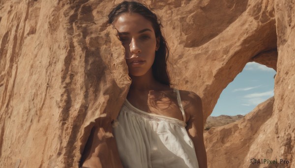 1girl,solo,long hair,looking at viewer,brown hair,black hair,dress,bare shoulders,brown eyes,upper body,outdoors,parted lips,sky,sleeveless,day,dark skin,white dress,dark-skinned female,blue sky,lips,forehead,realistic,nose,desert,breasts,closed mouth,tattoo,sunlight