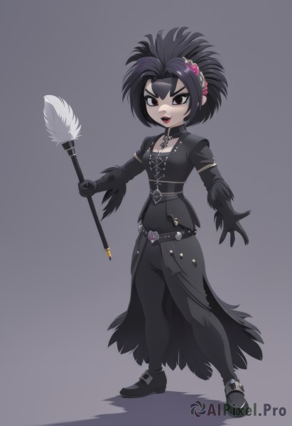 1girl,solo,breasts,looking at viewer,short hair,open mouth,simple background,black hair,hair ornament,red eyes,gloves,long sleeves,dress,holding,cleavage,brown eyes,jewelry,standing,full body,small breasts,shoes,choker,black gloves,elbow gloves,belt,grey background,necklace,black footwear,black eyes,black dress,makeup,feathers,lipstick,eyeshadow,feather hair ornament,gothic,black lips,black feathers,black theme,duster,heart,gothic lolita