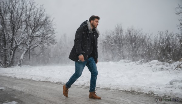 solo,short hair,brown hair,black hair,long sleeves,1boy,jacket,male focus,boots,outdoors,shoes,pants,tree,coat,black jacket,fur trim,facial hair,brown footwear,denim,nature,beard,snow,clenched hands,forest,walking,jeans,sideburns,snowing,realistic,winter clothes,winter,bare tree,footprints,shirt,full body,open clothes,from side,open jacket,looking to the side,thick eyebrows,mature male,blue pants,fur-trimmed jacket,leather,grey sky