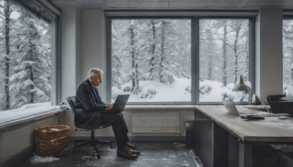 solo,short hair,long sleeves,1boy,holding,sitting,jacket,white hair,grey hair,male focus,necktie,shoes,pants,indoors,from side,tree,black jacket,window,facial hair,chair,brown footwear,black pants,formal,table,suit,scenery,beard,snow,desk,snowing,paper,basket,lamp,computer,wide shot,winter,old man,bare tree,laptop,black suit,office chair,office,desk lamp,shirt,glasses,black footwear,gun,looking down,crossed legs,black necktie,old,wrinkled skin