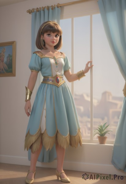 1girl,solo,breasts,looking at viewer,smile,short hair,bangs,brown hair,dress,brown eyes,jewelry,closed mouth,standing,collarbone,full body,short sleeves,hairband,earrings,day,puffy sleeves,indoors,blunt bangs,high heels,bracelet,puffy short sleeves,lips,window,makeup,blue dress,sunlight,plant,lipstick,curtains,gem,gold trim,wooden floor,nose,potted plant,bracer,cactus,shoes,necklace,watermark,green dress,carpet,rug