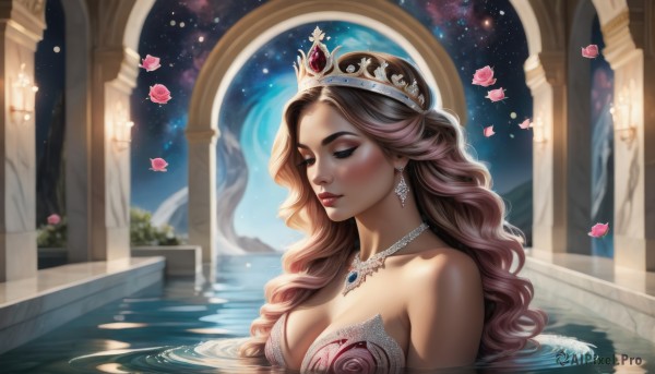 1girl,solo,long hair,breasts,blue eyes,large breasts,brown hair,dress,cleavage,bare shoulders,jewelry,medium breasts,closed mouth,collarbone,closed eyes,upper body,earrings,sky,artist name,water,necklace,blurry,lips,petals,eyelashes,strapless,makeup,night,watermark,wavy hair,tiara,crown,lipstick,gem,star (sky),strapless dress,eyeshadow,partially submerged,starry sky,curly hair,nose,red lips,bathing,ripples,pillar,pearl necklace,princess,arch,column,petals on liquid,blush,flower,white dress,rose,night sky,pink flower,candle,rose petals