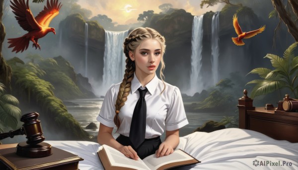 1girl,solo,long hair,looking at viewer,skirt,blonde hair,brown hair,shirt,brown eyes,sitting,white shirt,braid,short sleeves,outdoors,parted lips,necktie,day,collared shirt,black skirt,water,tree,lips,book,single braid,bed,bird,on bed,sunlight,plant,nature,hair over shoulder,black necktie,mountain,open book,nose,red lips,lamp,breast pocket,waterfall,school uniform,artist name,cloud,watermark,phone,desk,braided ponytail,realistic,sun,pen