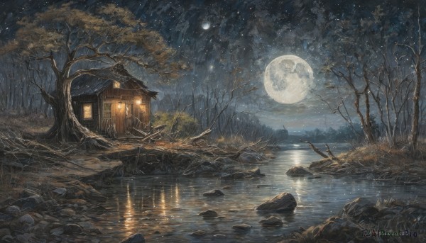 outdoors,sky,artist name,cloud,signature,water,tree,no humans,window,night,watermark,moon,grass,building,star (sky),nature,night sky,scenery,full moon,forest,starry sky,reflection,rock,house,bare tree,river,lake,lantern,architecture,moonlight,stream