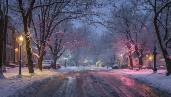 A motor vehicle amidst a calm snowy outdoors