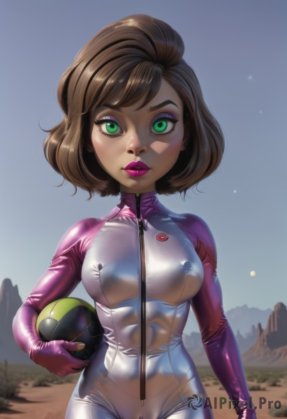 1girl,solo,breasts,looking at viewer,short hair,brown hair,gloves,holding,medium breasts,green eyes,standing,outdoors,shiny,covered nipples,lips,bodysuit,makeup,cameltoe,helmet,lipstick,skin tight,multicolored clothes,zipper,headwear removed,purple bodysuit,holding helmet,see-through,eyeshadow,ball,latex,pink gloves,pink bodysuit