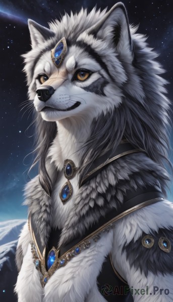 solo,long hair,1boy,animal ears,jewelry,closed mouth,yellow eyes,upper body,male focus,outdoors,sky,signature,necklace,fur trim,no humans,night,scar,brooch,gem,star (sky),night sky,scar on face,furry,starry sky,colored sclera,scar across eye,furry male,white fur,animal nose,wolf,blue gemstone,red gemstone,black fur,grey fur,teeth,artist name,animal,mountain,animal focus